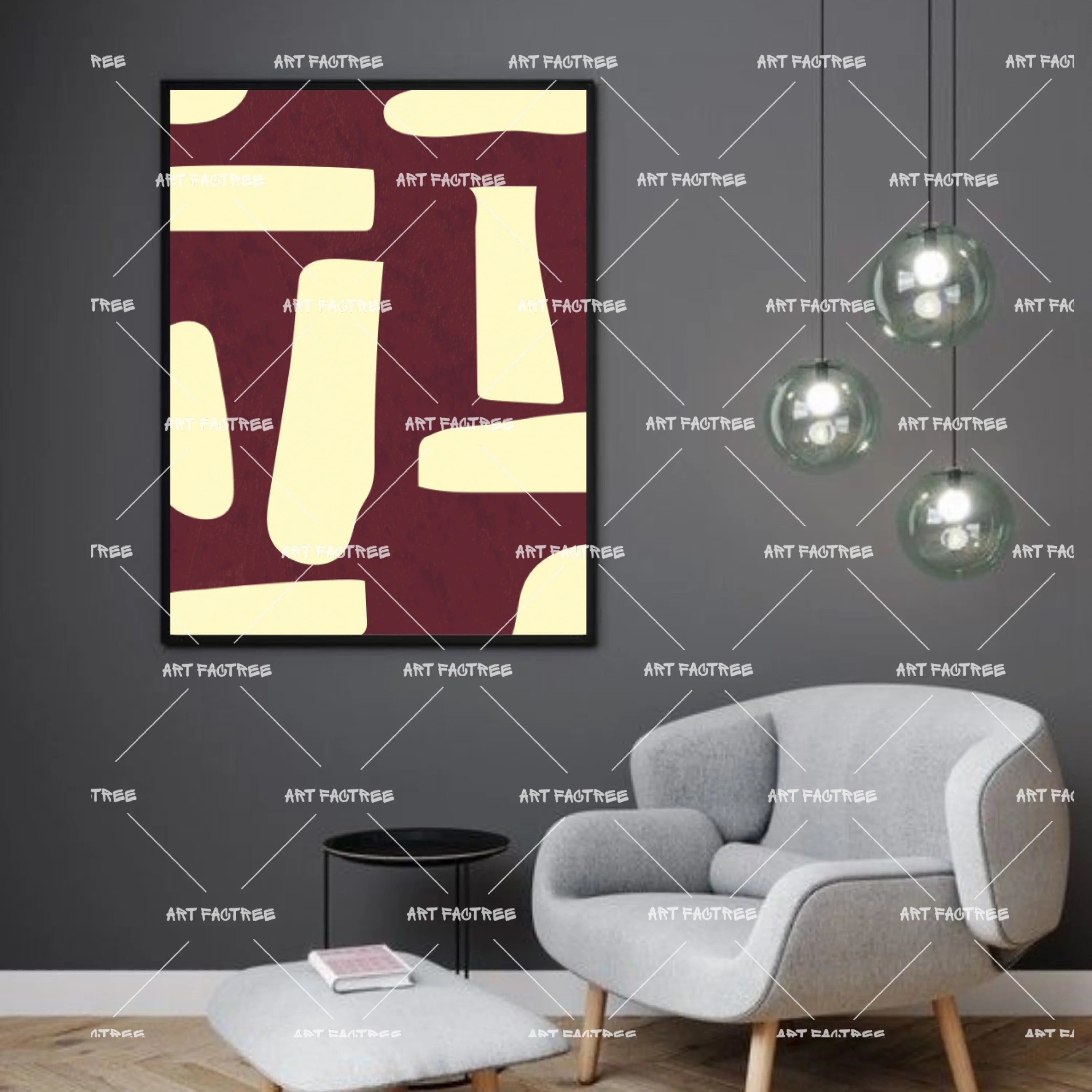 art of a red background with rectangular peach coloured shapes in different orientations.