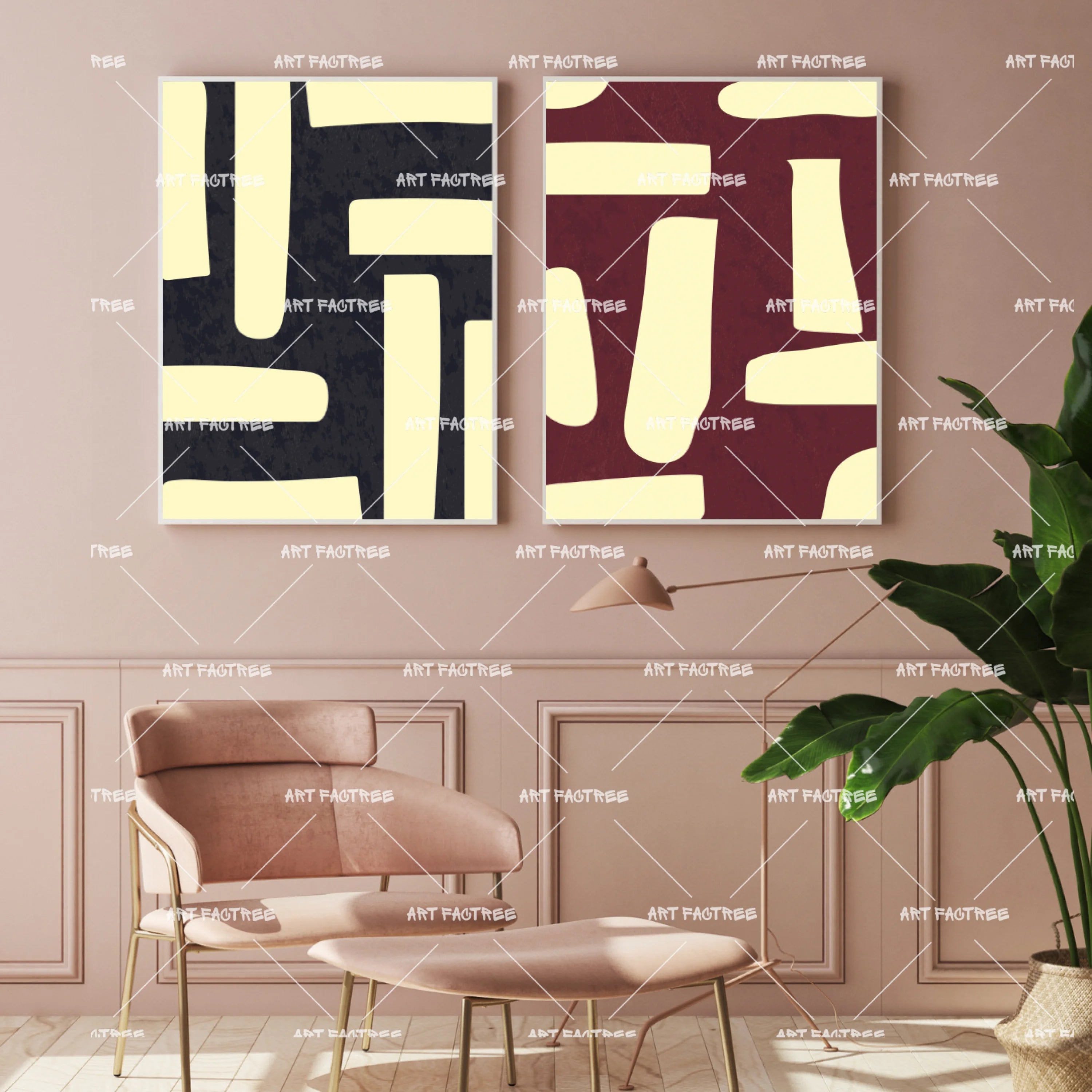 art of a black and red background with rectangular peach coloured shapes