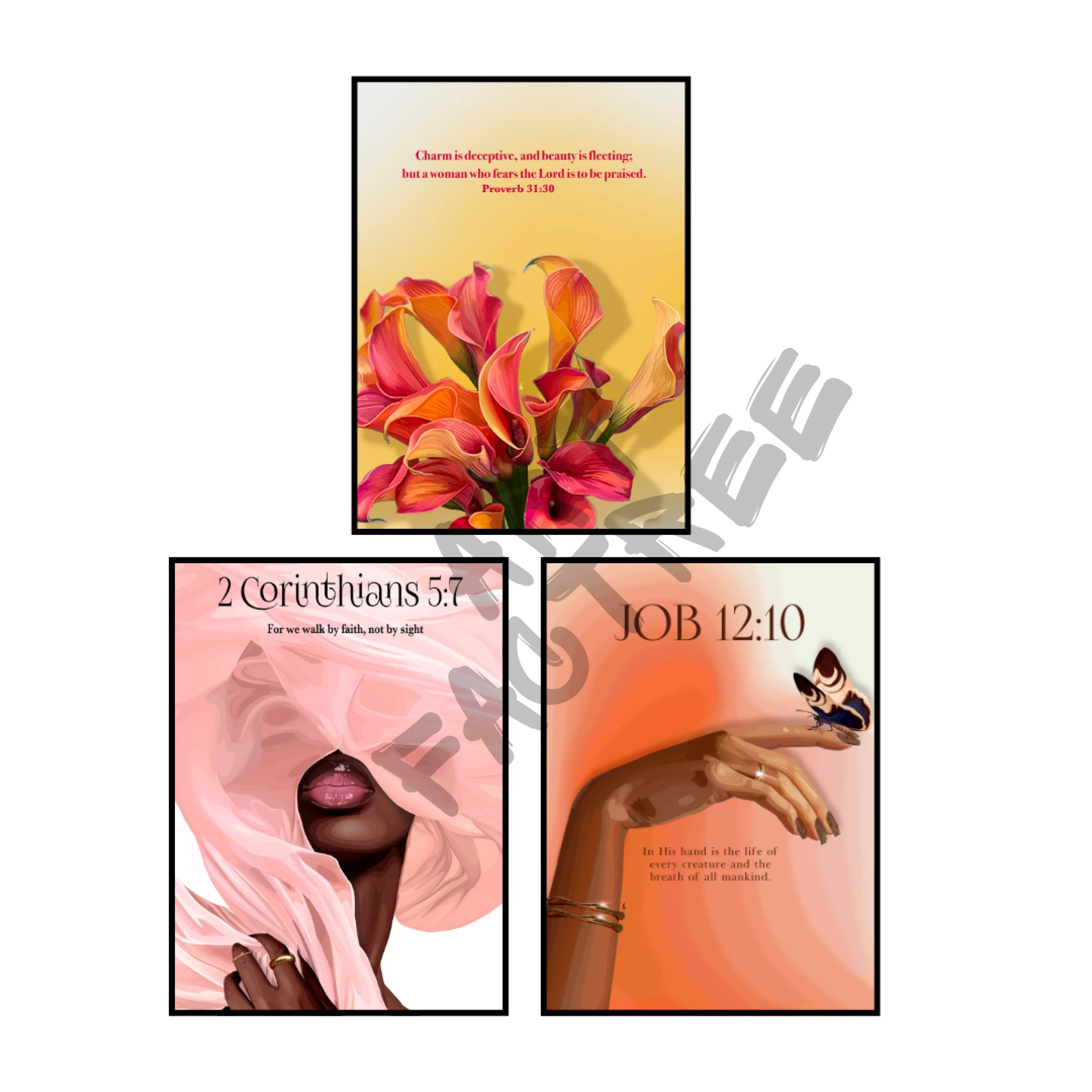 Art Print Bundle : Proverbs 31:30 + 2 Corinthians 5:17 + Job 12:10