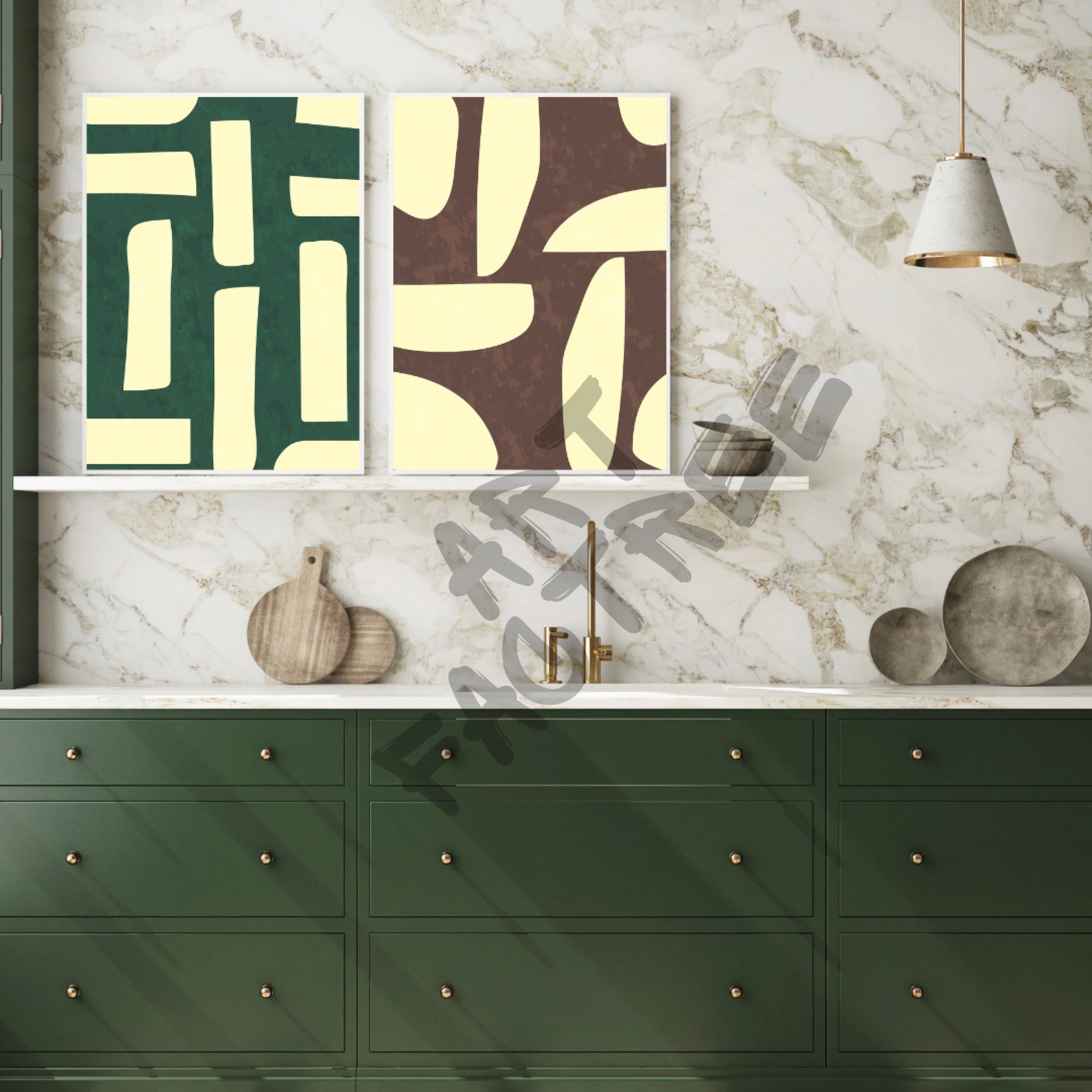 art of a green and brown background with rectangular peach coloured shapes in different orientations